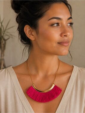 BOGO Stella & Dot Hot Pink Fringe Gold Bar Necklace